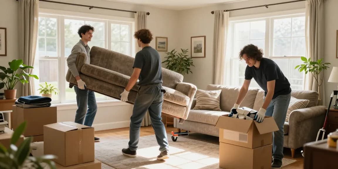 North London house clearance team efficiently removing furniture and organizing items for recycling in a warm, inviting living room.