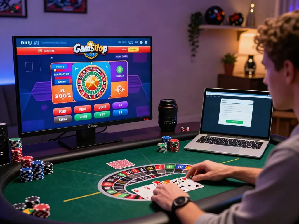Person experiencing exciting non GamStop online gaming at home, focused on roulette game.