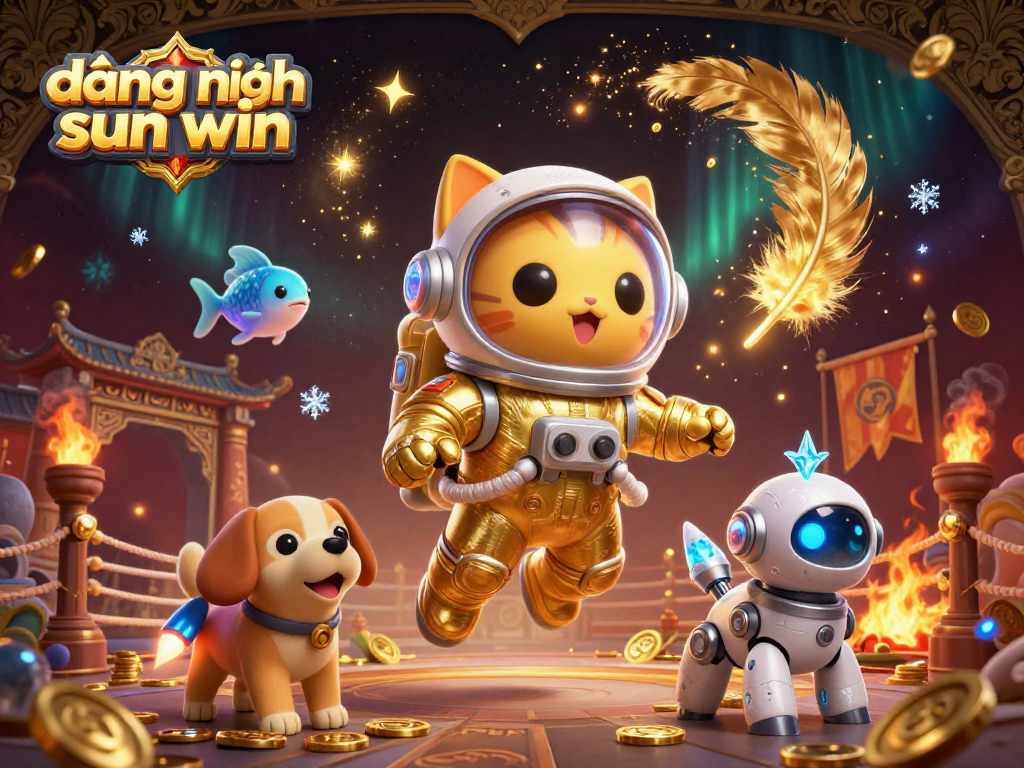 Engage with the action of đăng nhập sun win, featuring a space astronaut cat and robot dog in a vibrant casino setting.