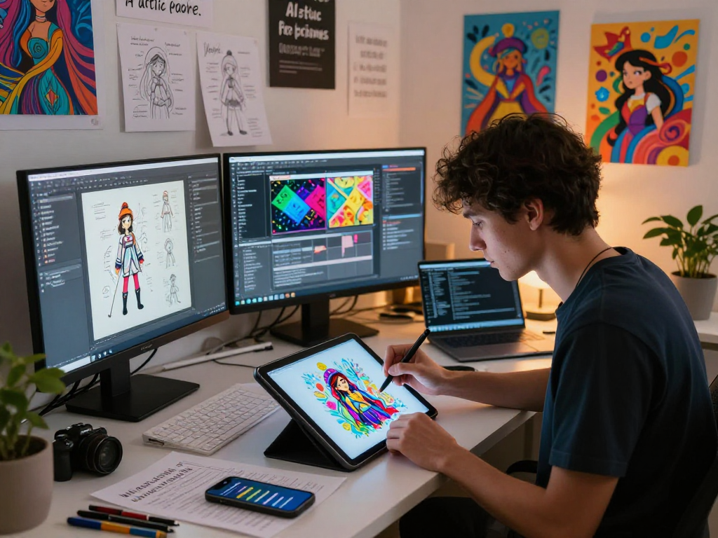 NSFW AI character design in a vibrant digital art studio, artist working on tablet surrounded by screens and sketches.