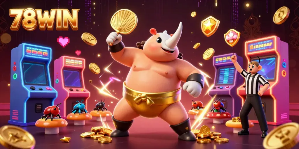 Experience exciting gaming with 78WIN as a sumo beetle champion in an electrifying casino atmosphere.