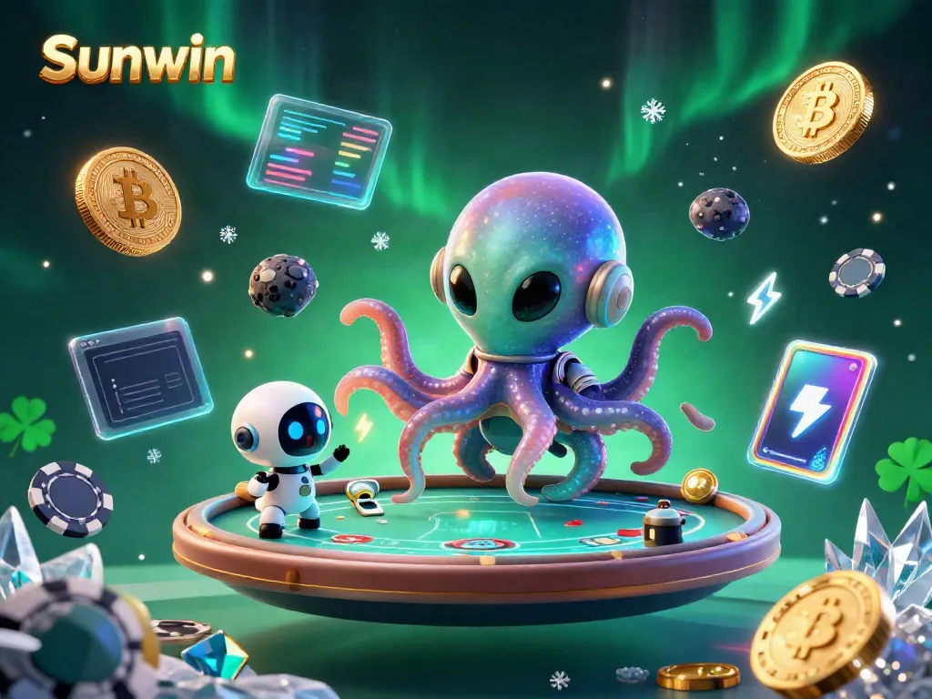Engage in thrilling games at Sunwin, featuring an alien octopus at a floating poker table with bitcoin chips.