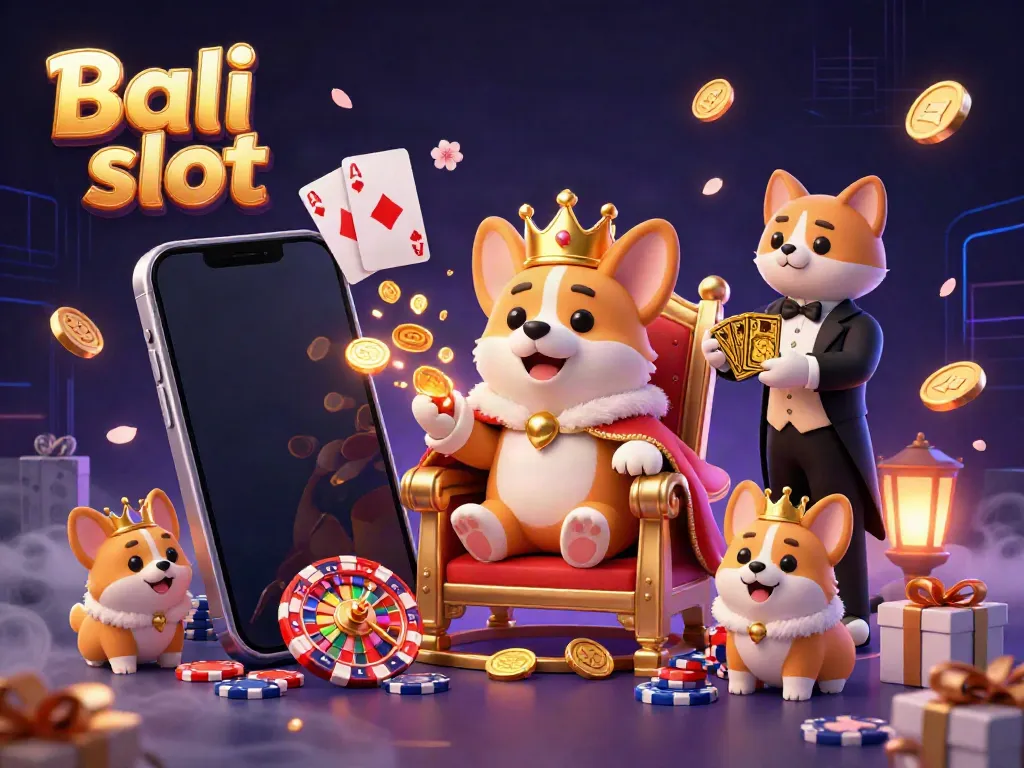 Experience the vibrant Bali slot with a royal corgi on a poker chip throne amidst gaming elements.