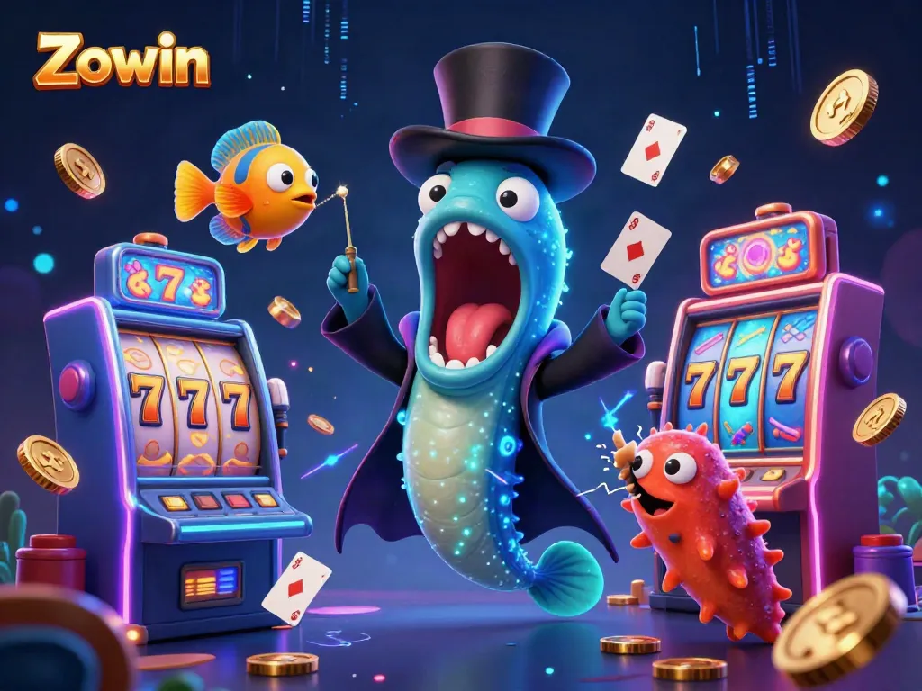 Zowin showcases a magical deep-sea casino scene with vibrant characters and glowing slot machines.