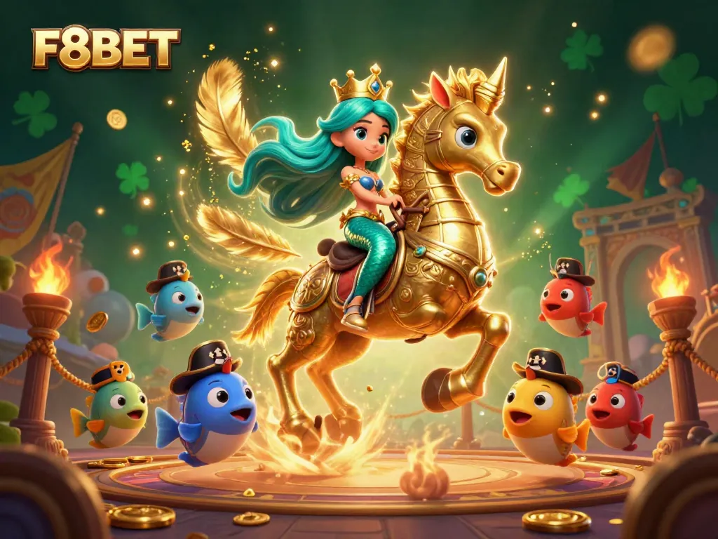 Experience the thrilling action at F8BET with a vibrant 3D casino scene featuring a mermaid princess and engaging game elements.