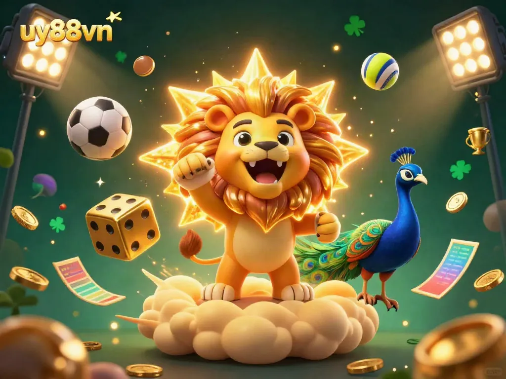 Engage with uy88vn's vibrant casino scene featuring a lion, golden dice, and sports elements.