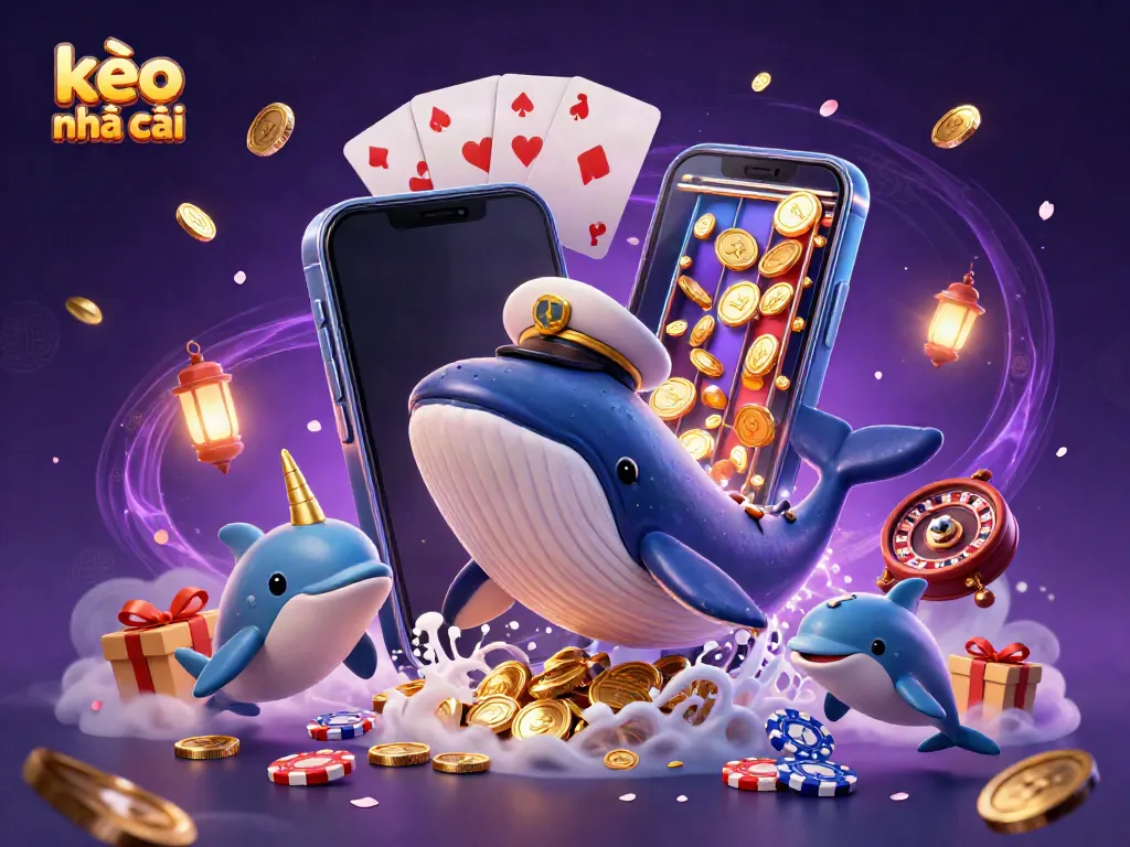 Engage with kèo nhà cái in a vibrant, dynamic scene featuring a whale and playful dolphins amidst coins and casino elements.