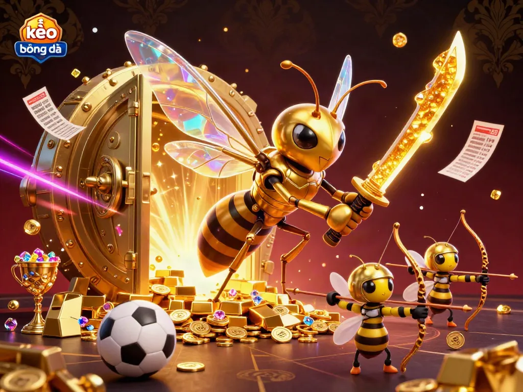Engage in thrilling kèo bóng đá actions surrounded by soccer elements and golden treasures.