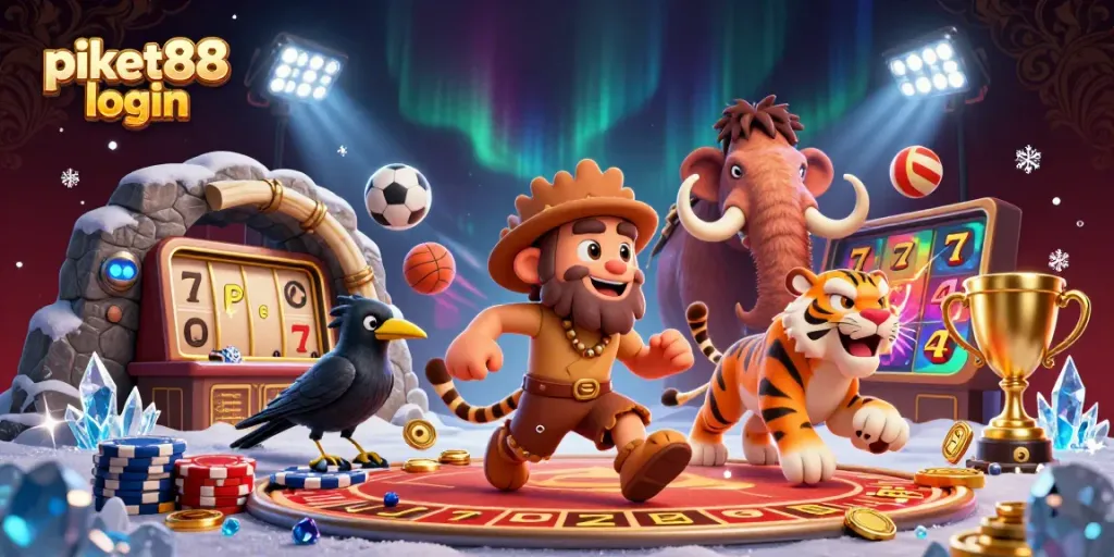 Engage with the vibrant action of piket88 login in this dynamic prehistoric casino illustration featuring slots and flying sports balls.