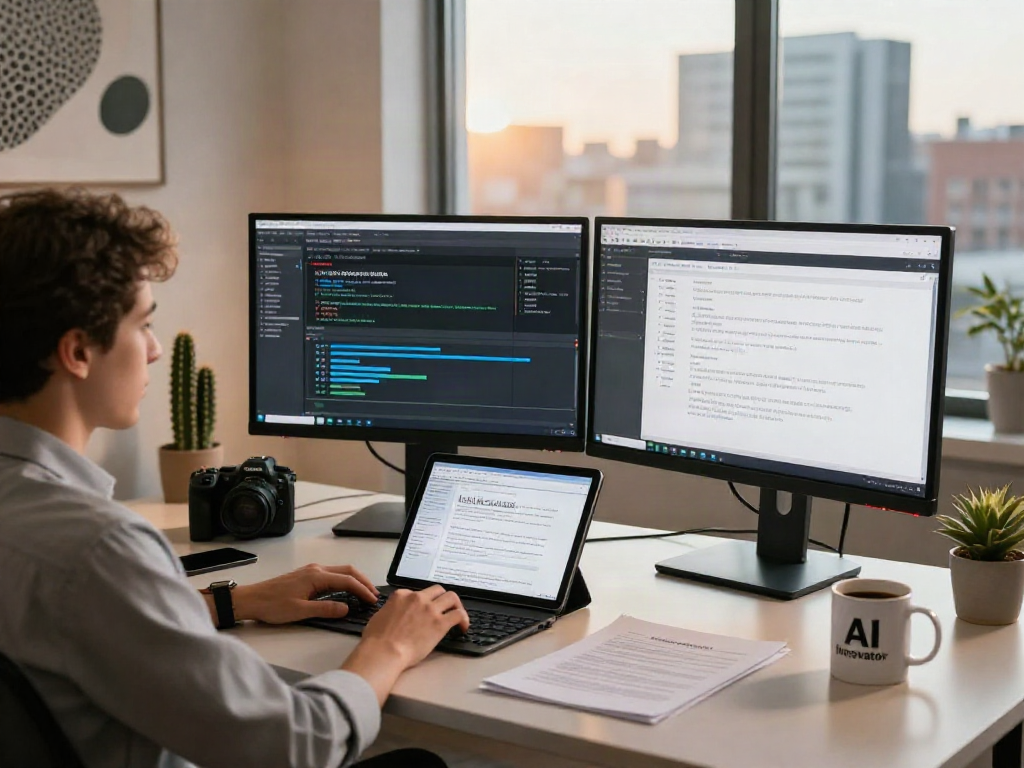 A professional workspace showcasing AI for nsfw content moderation with screens and ethical documentation.