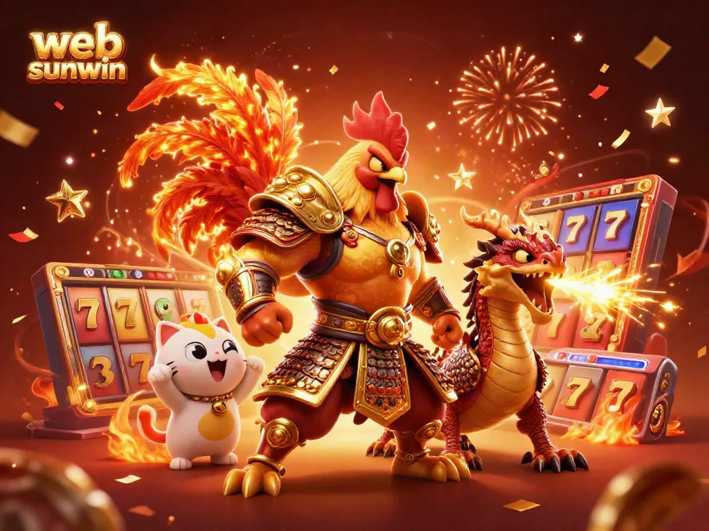 Join web sunwin's vibrant gaming world with a thrilling 3D illustration of a rooster warrior, dragon hatchling, and fortune cat amidst dynamic casino symbols.