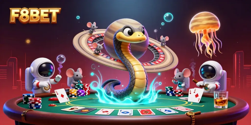Experience the thrill of F8BET with cosmic betting in a vibrant 3D casino illustration.