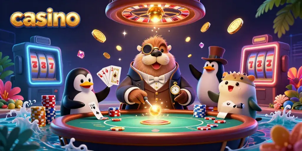 Engaging casino scene featuring a walrus, penguin dealer, and pufferfish at an underwater poker table.