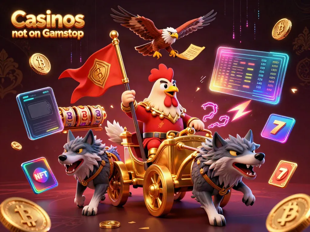 Experience the thrill of Casinos not on Gamstop with a vibrant, cartoon-style illustration featuring a rooster warlord and crypto elements.