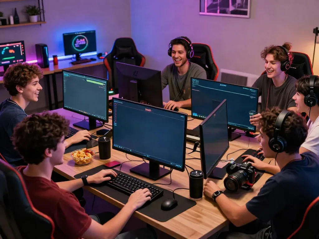 Friends enjoying a DA88 online gaming session with vibrant screens and a lively atmosphere.