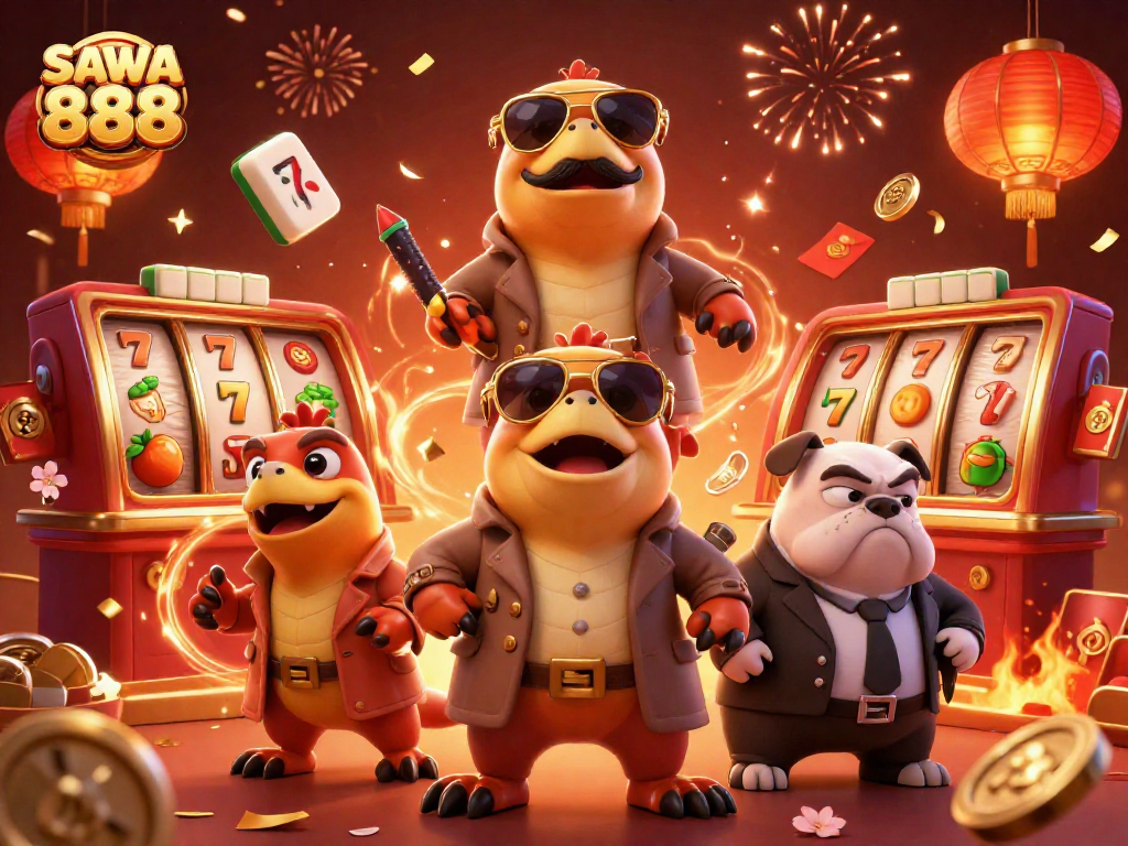 Engage with SAWA 888 as raptors in a trench coat charm bouncer in a vibrant casino.