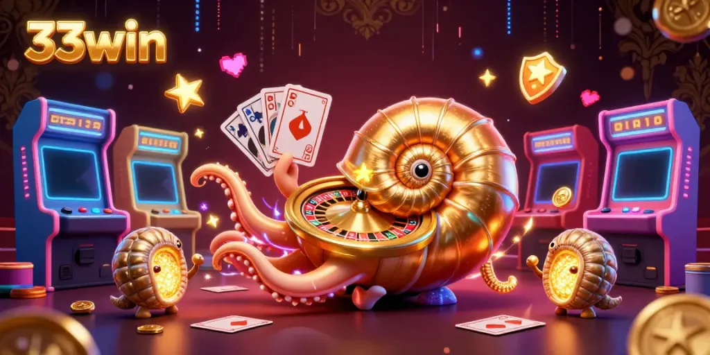 Experience thrilling gameplay with 33win's vibrant casino scene featuring a golden nautilus roulette wheel.