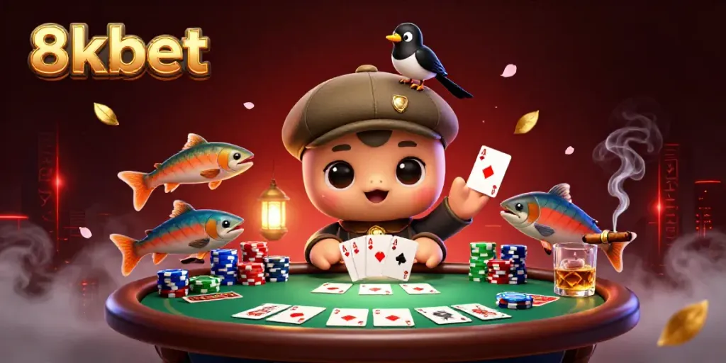 Engage with 8xbet's exciting betting dynamics through a vibrant scene featuring playful characters amidst poker elements.