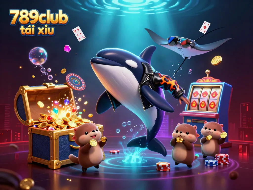 Engaging scene featuring 789club tài xỉu with an orca, stingray, and sea otters amidst casino elements.