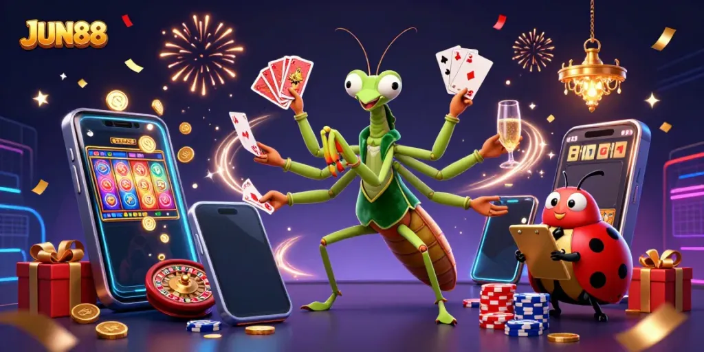 Engage in exciting games at JUN88 with vibrant characters and dynamic gambling elements overflowing with energy.