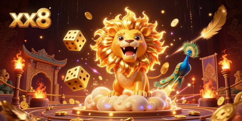 Experience excitement with xx8's vibrant illustration of a roaring sun lion, golden dice, and flamboyant peacock.
