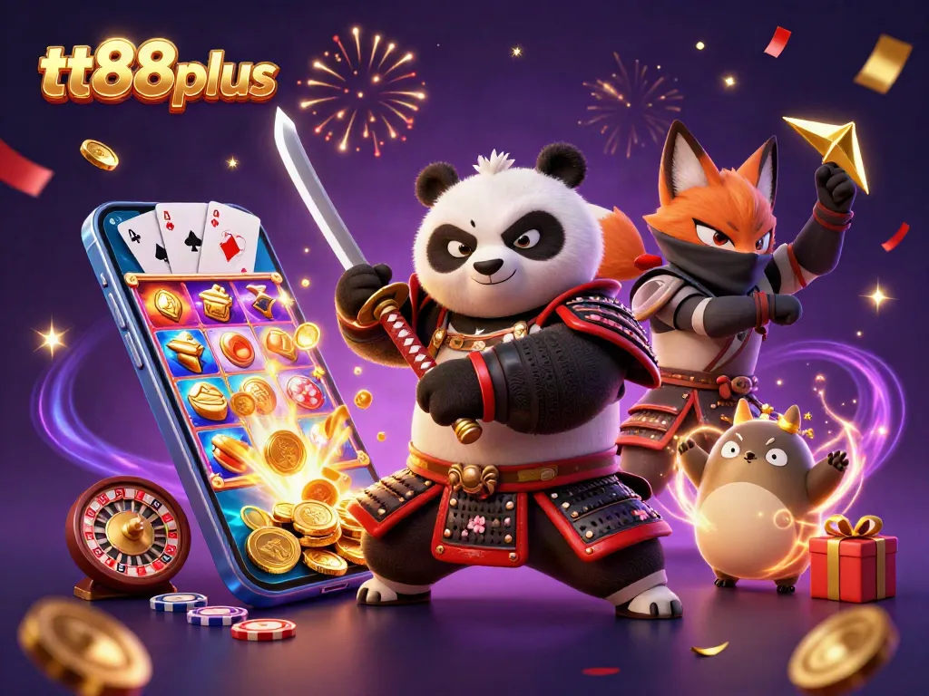 tt88plus showcases a vibrant 3D fantasy casino scene featuring a samurai panda, ninja fox, and spirit tanuki.