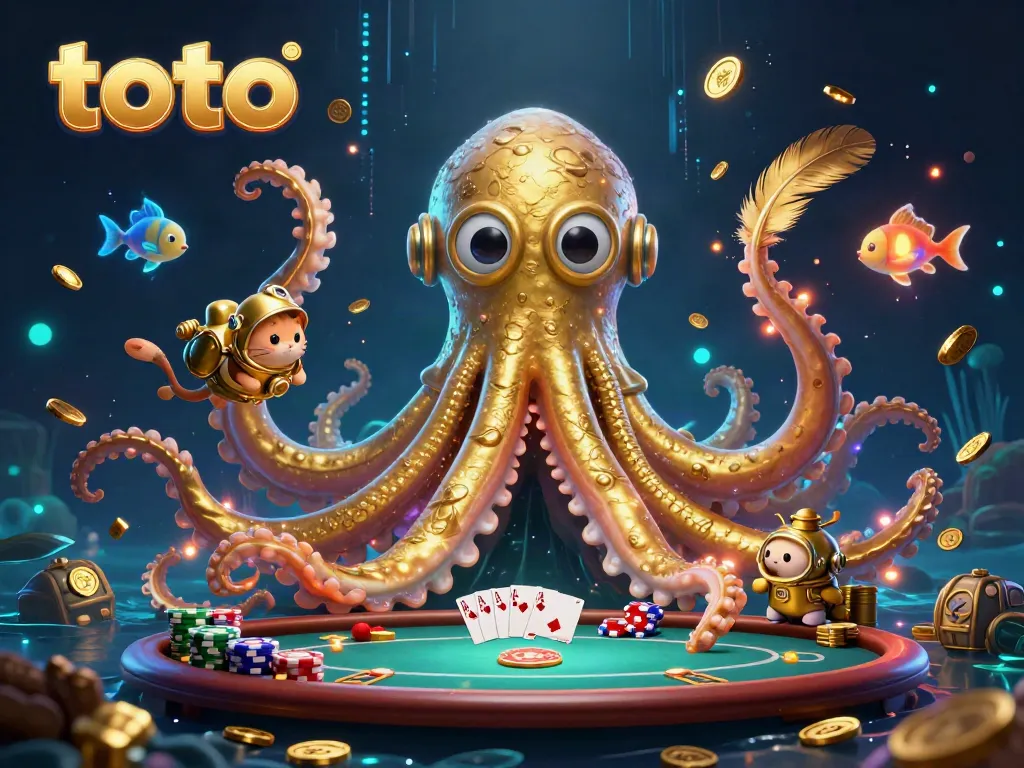 Engage with toto gaming excitement featuring a kraken and diving cat amidst poker action.