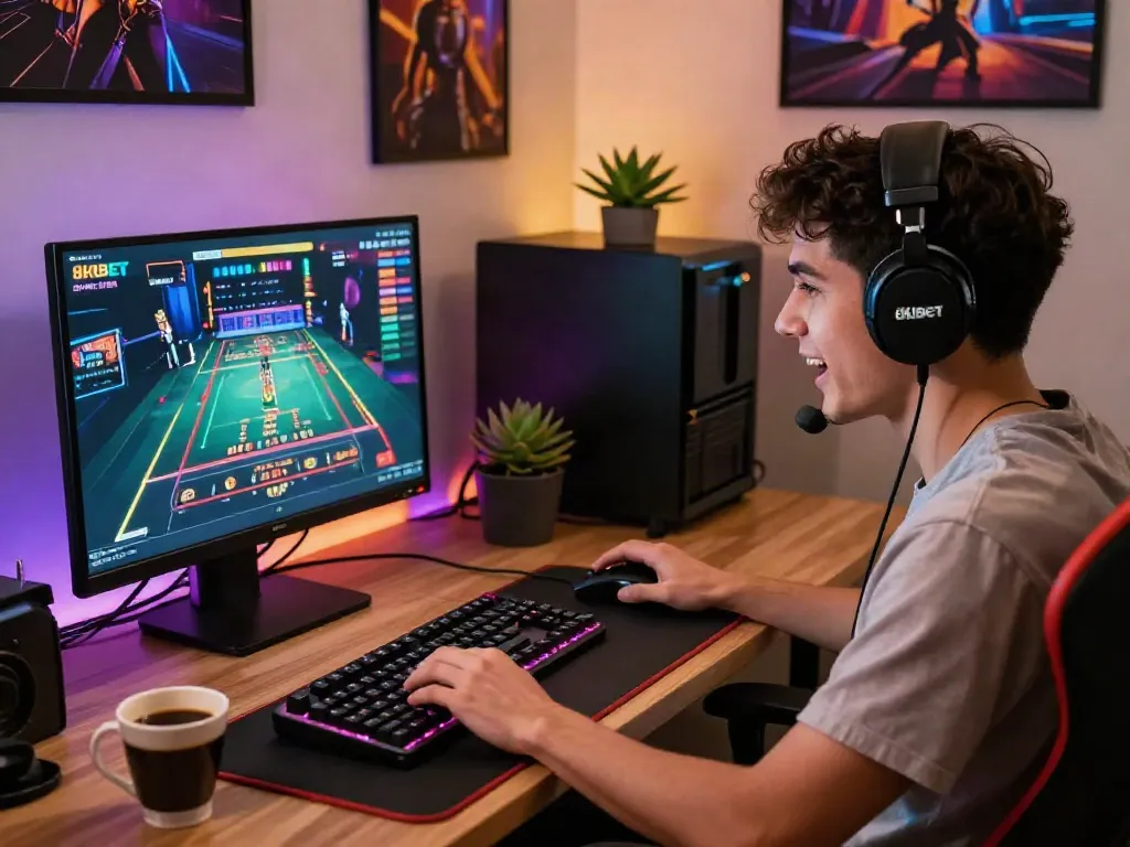 Excited player enjoying live casino games on 8kbeteu.com, showcasing gaming setup with vibrant LED lights.