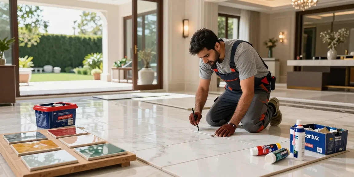 مقاول سيراميك باكستاني يقوم بتركيب بلاط السيراميك في منزل أنيق مع أدوات عالية الجودة وإضاءة طبيعية.