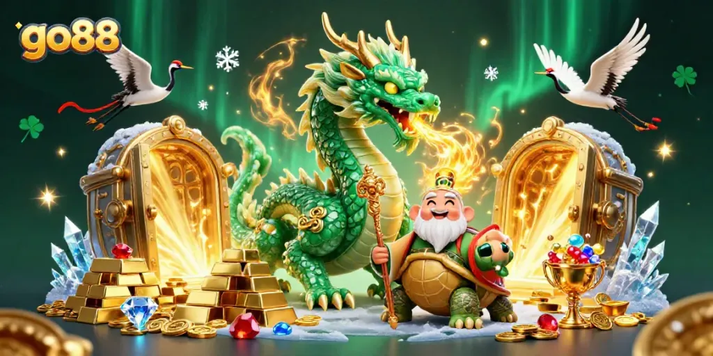 Experience the excitement of go88 with a vibrant scene featuring dragons, lucky cranes, and treasure.