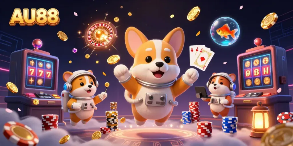 Play at AU88, enjoying a vibrant cosmic casino experience with an astronaut corgi.
