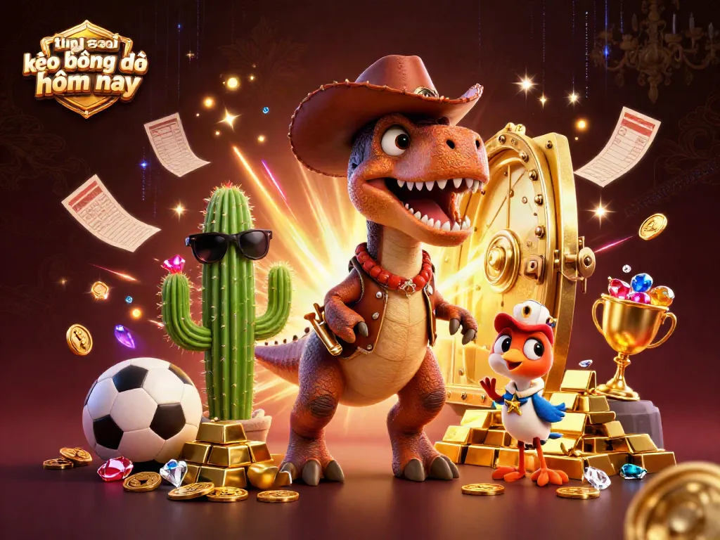 Satisfy your betting needs with this vibrant illustration of tin soi kèo bóng đá hôm nay featuring a T-Rex cowboy and dynamic sports elements.