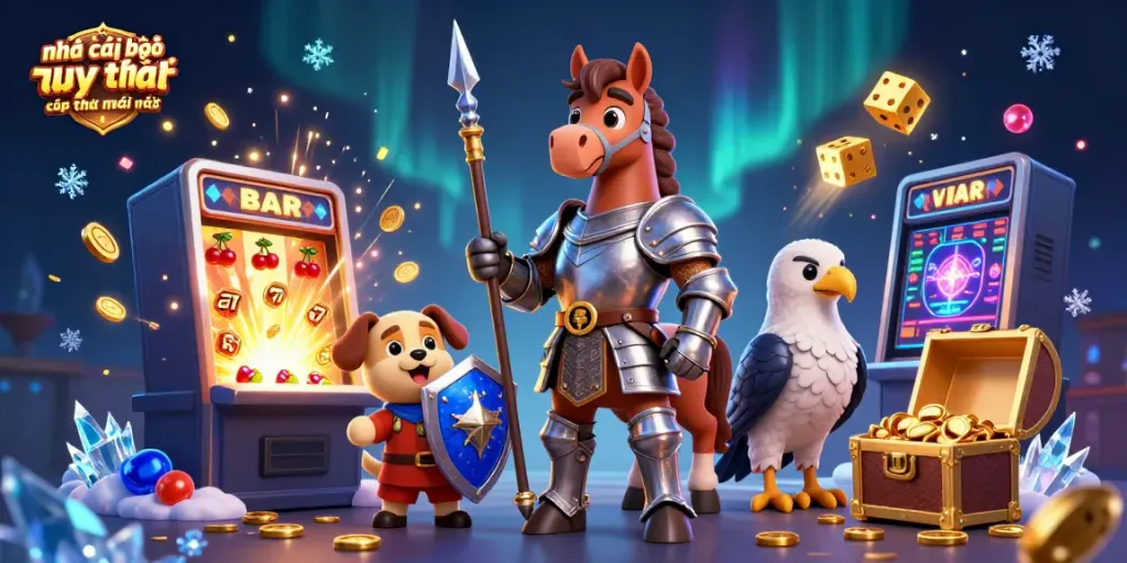 Engage with nhà cái bóng đá uy tín cập nhật mới nhất featuring a knight, squire, and falcon amidst a vibrant casino scene.