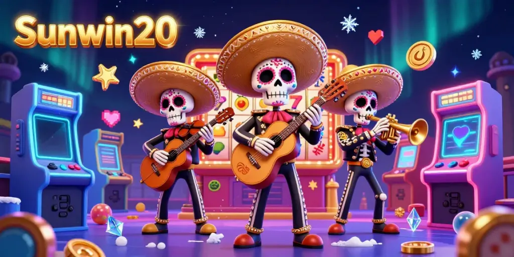 Play slots and enjoy winnings at Sunwin20 with vibrant characters and casino elements.
