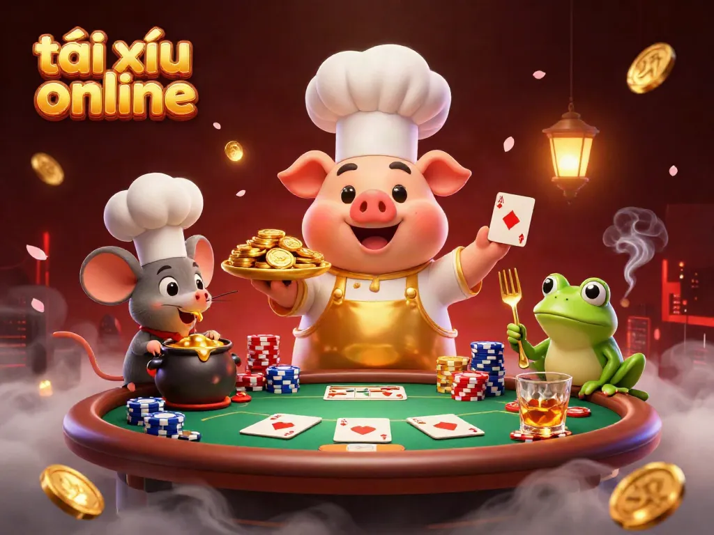 Experience thrilling tài xỉu online action with 3D characters amidst poker elements and golden treasures.