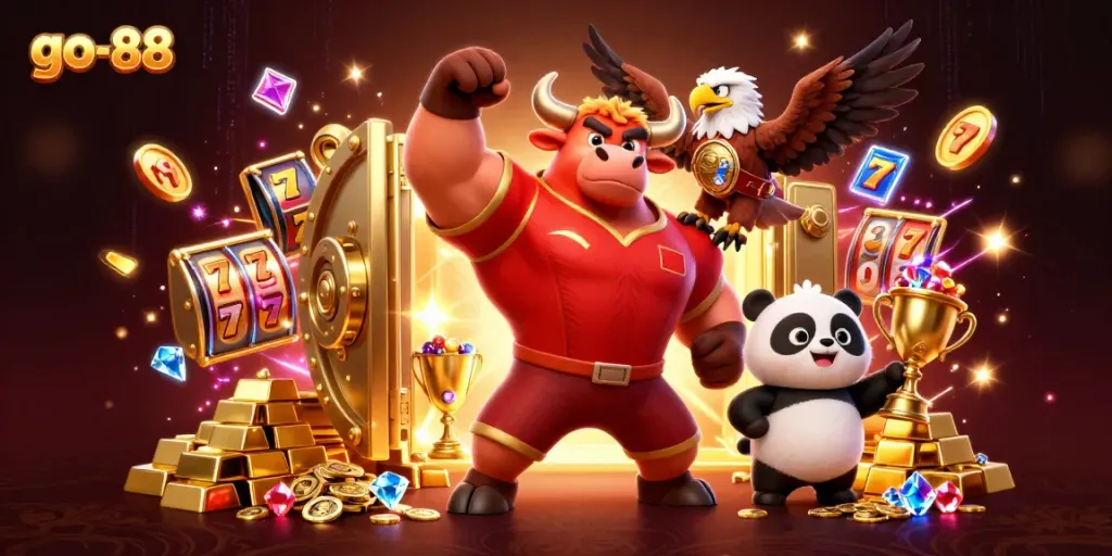 Engage with go-88's vibrant casino world featuring a muscular bull, eagle, and panda amidst dynamic jackpots and glowing treasures.