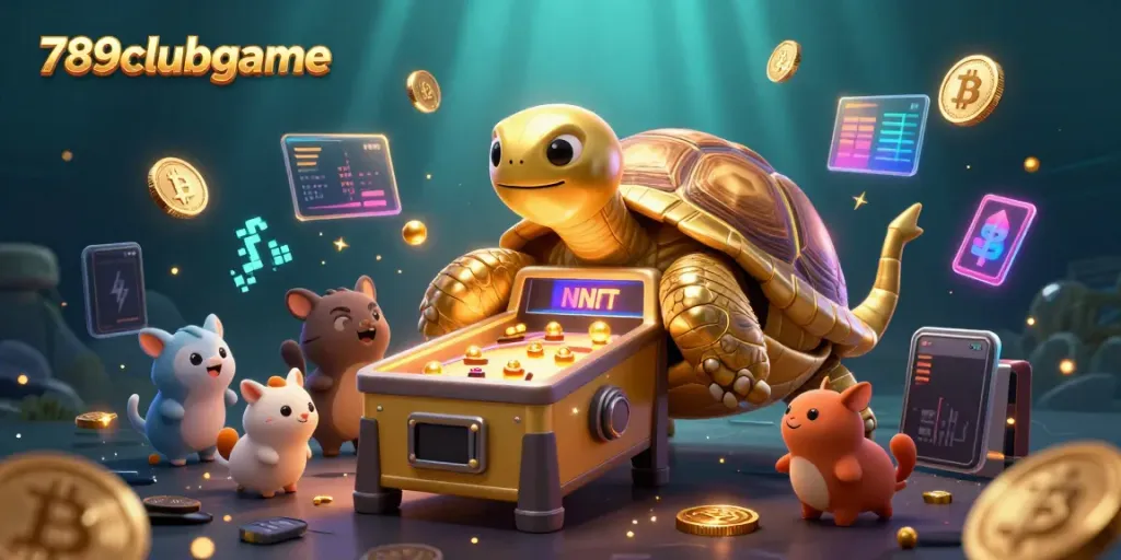 Engage with the thrilling action of 789clubgame featuring an animated golden tortoise and crypto elements.