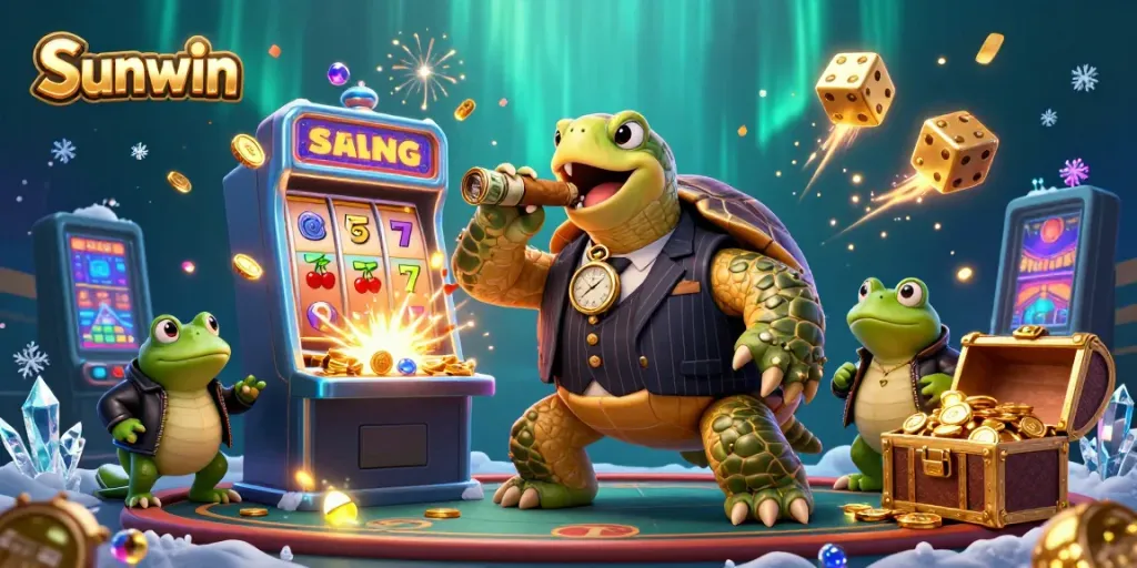 Experience Sunwin's thrilling casino adventures with a vibrant scene of a snapping turtle and bullfrog enforcers.