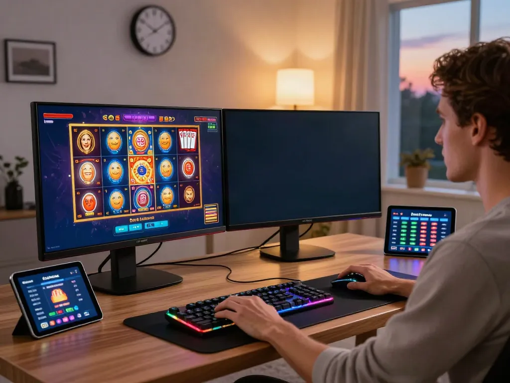 Player enjoying a vibrant non Gamstop casino gaming experience at home.