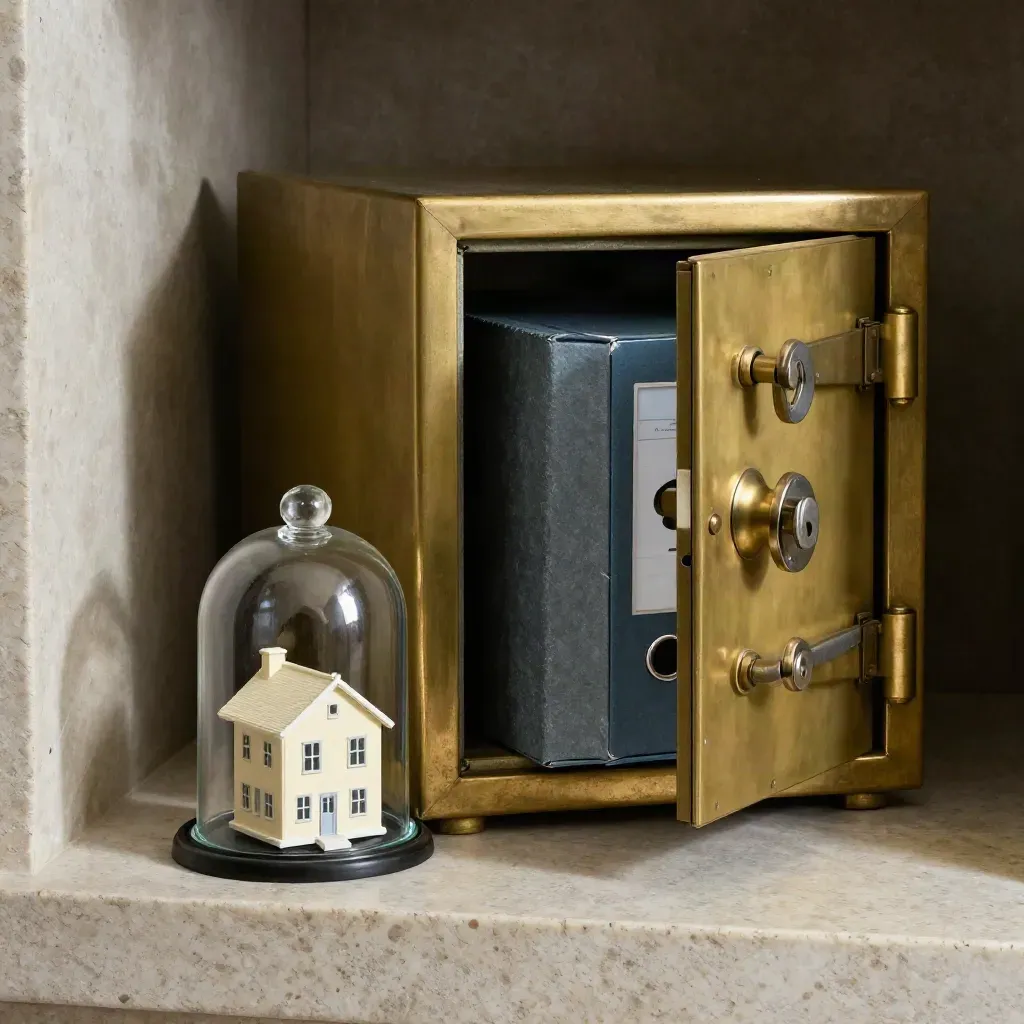 Brass safe clicks shut around a sealed file box and house under glass cloche.