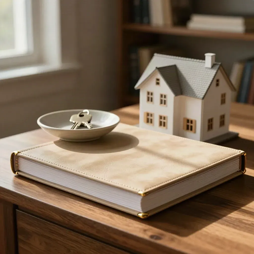 Estate planning binder, key bowl and model home on a walnut console in warm afternoon light.