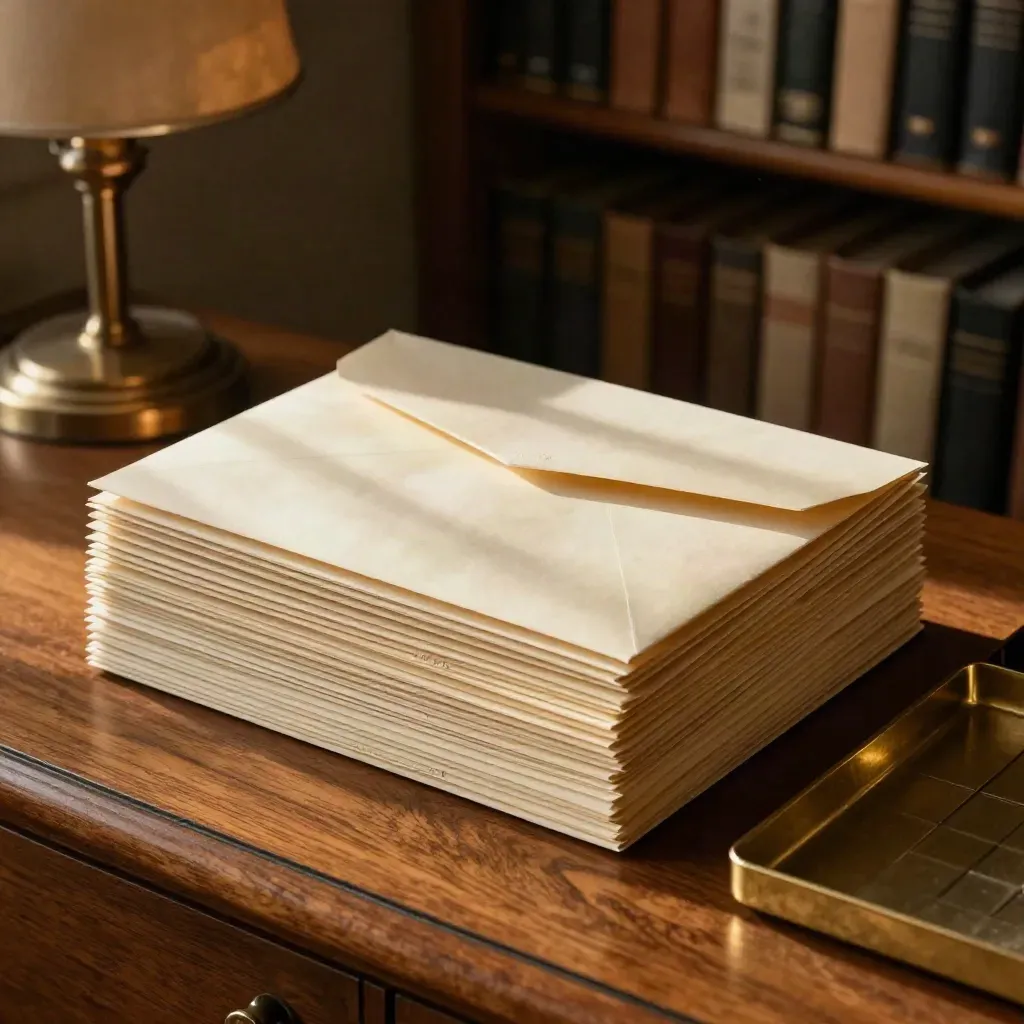 Overhead archival tray with sealed probate envelopes and closed estate folders in warm light