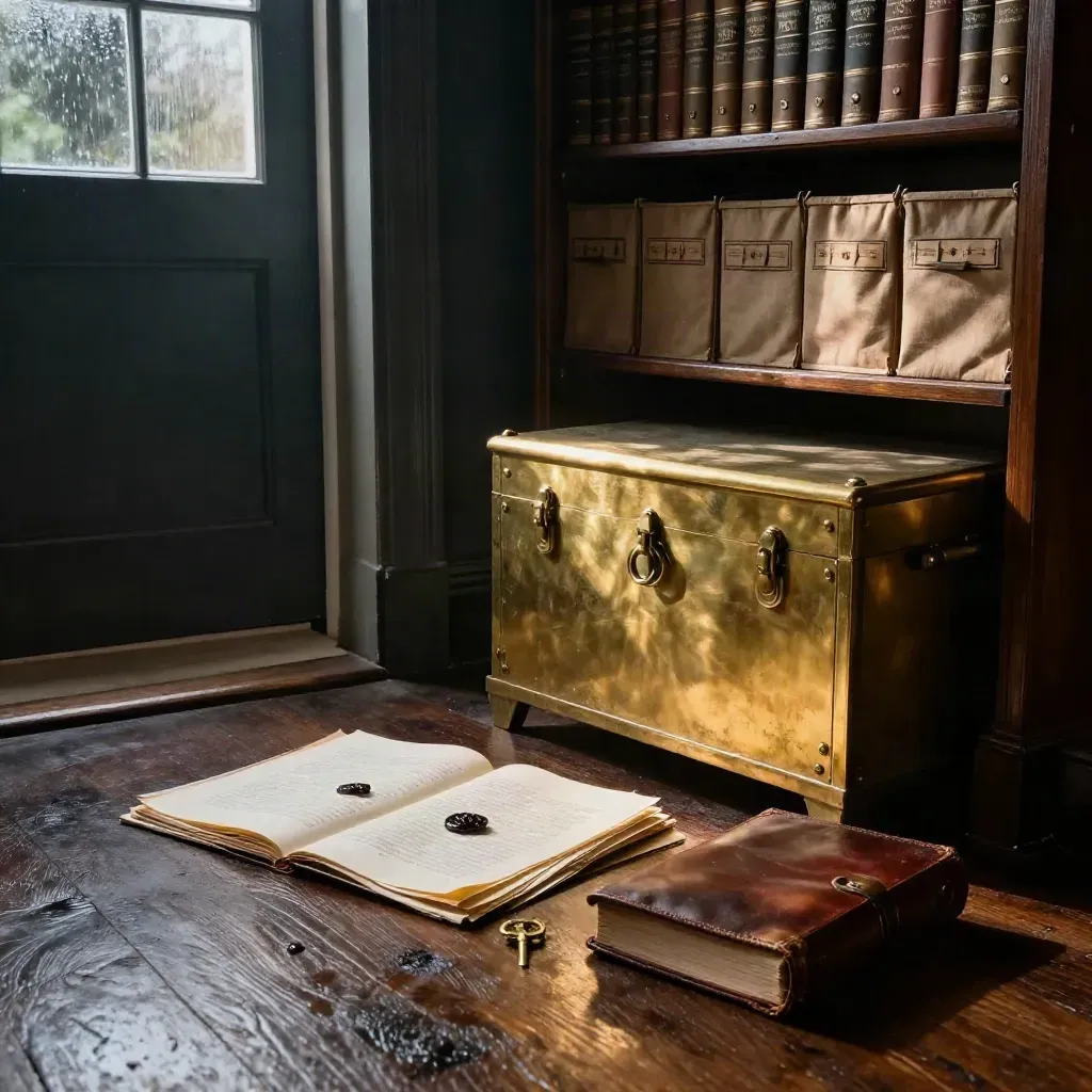 Georgian archive room with deed chest, sealed folios, brass key and leather binder in rainlight