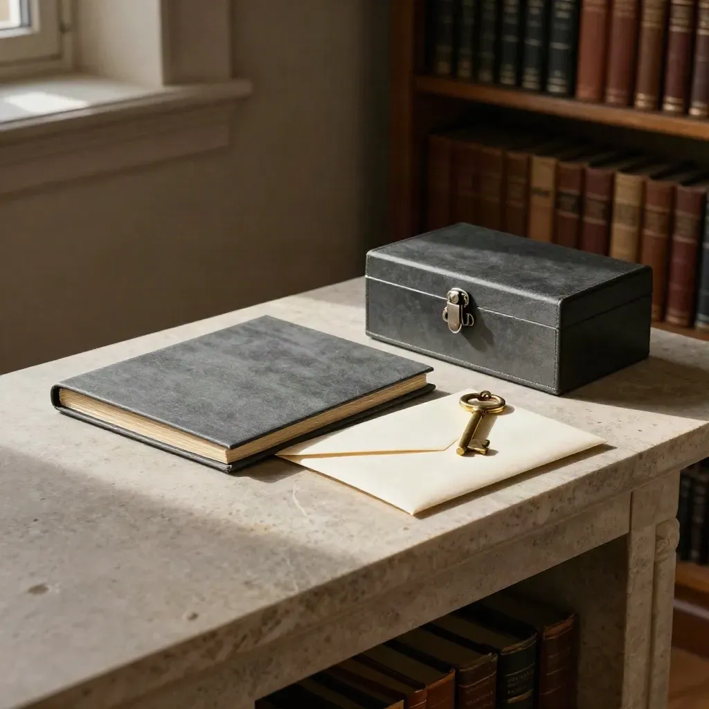 Trust formation kit on a stone sideboard in a quiet library corner, with brass key and fireproof box.