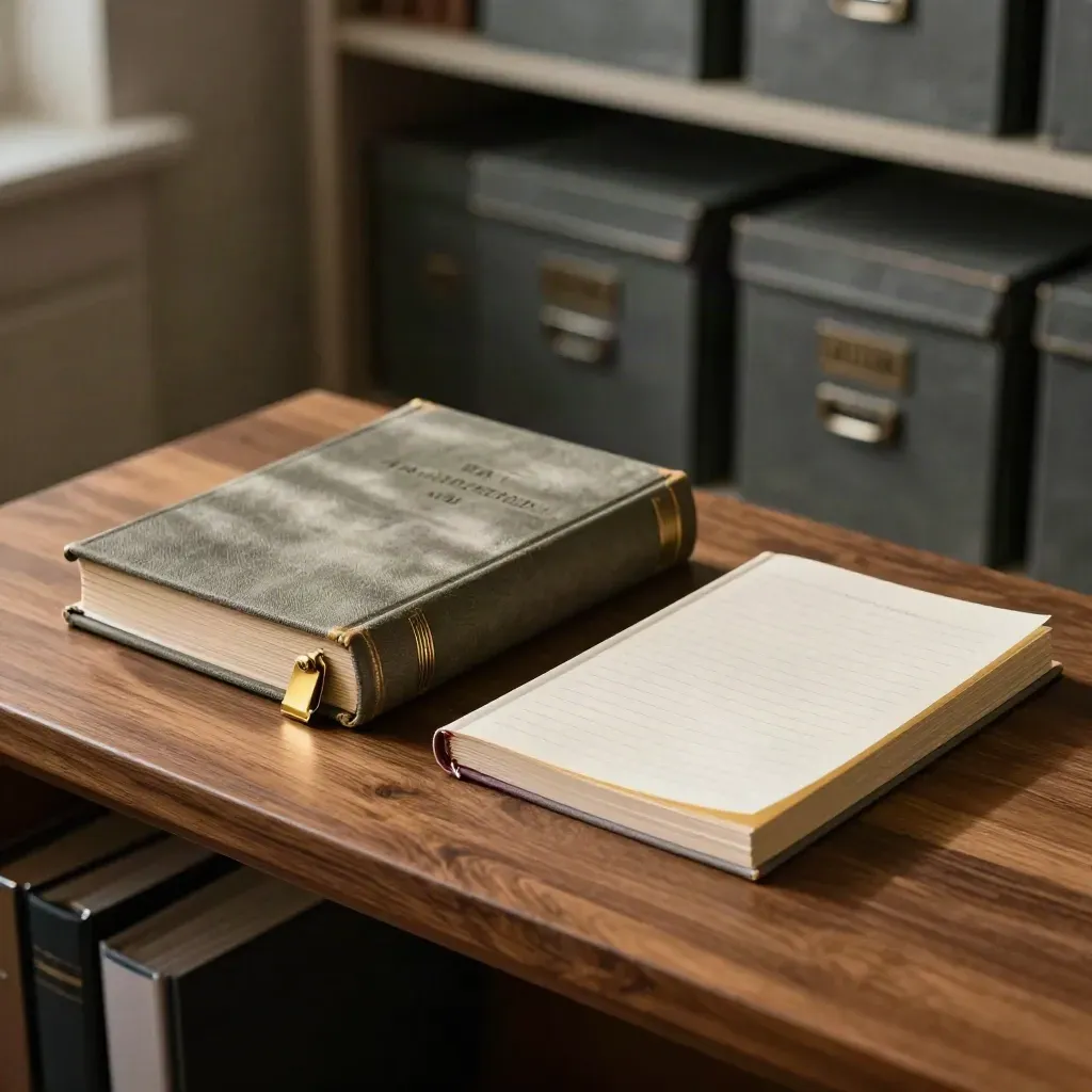 Minute book, brass clips and archival sleeves on walnut in a trust office archive.