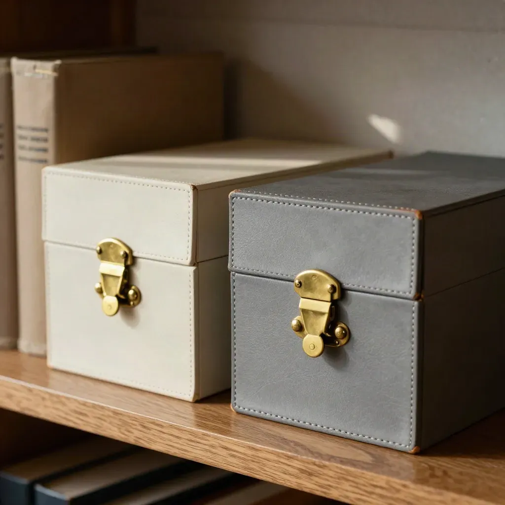 Two sealed archive boxes for family and charity trusts on a moody shelf, lit by a single beam.