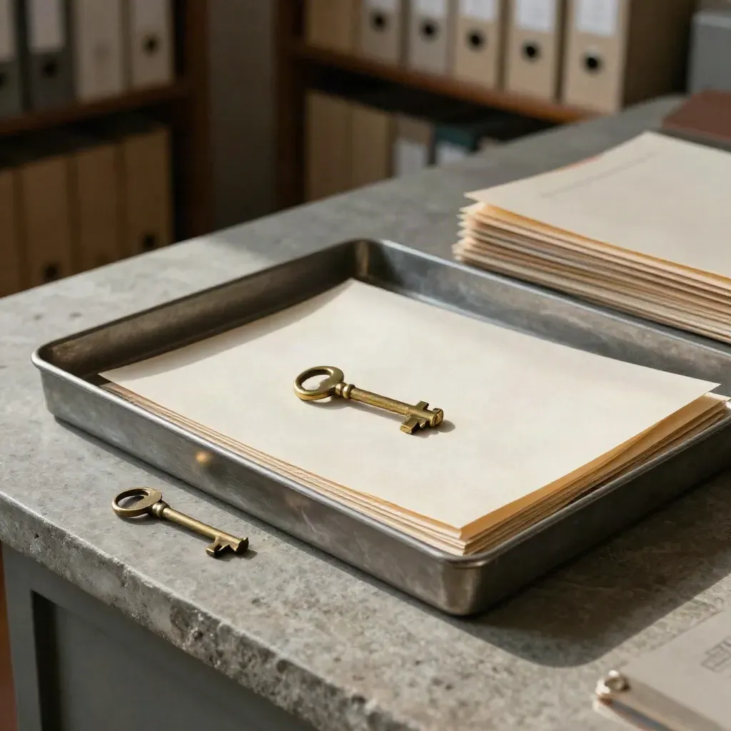 Empty probate tray, returned key and closed folders on a stone table in soft daylight.