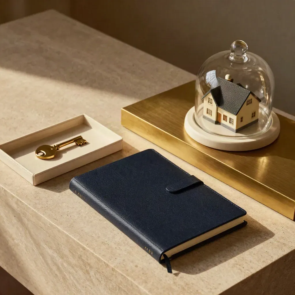 Key, ledger, brass divider and glass-domed model house on a sunlit stone sideboard.