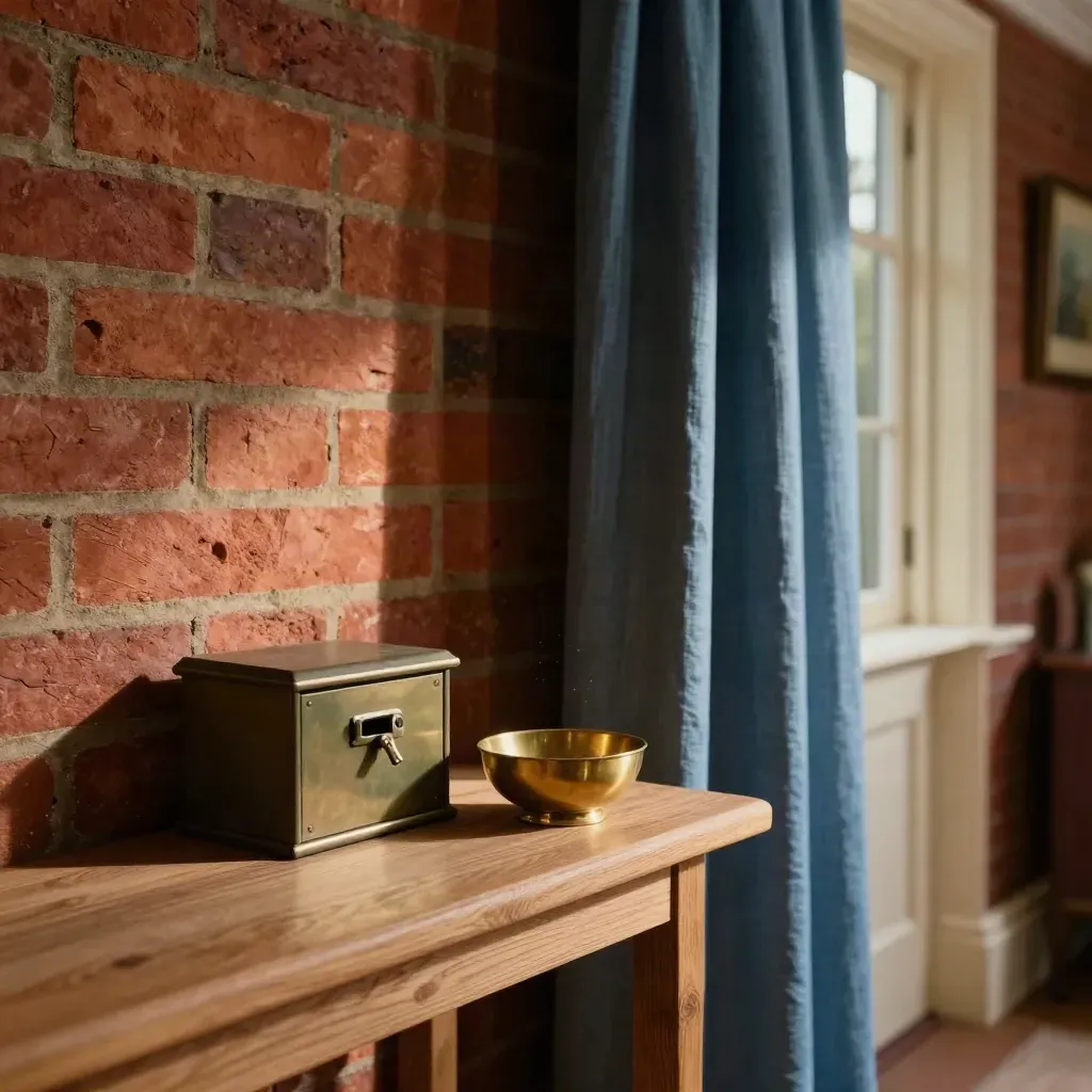 Surrey hallway with a deed box, brass key bowl, and slate-blue curtains in warm evening light.