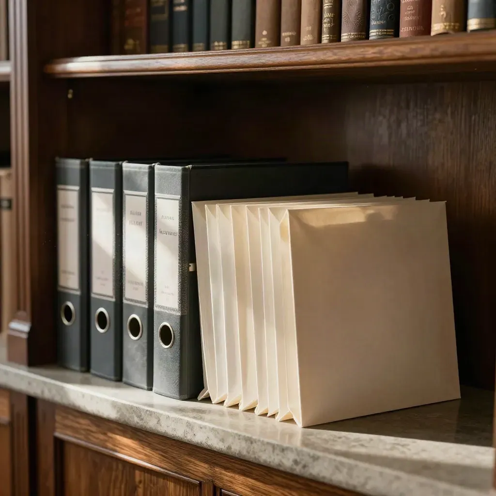 Charity trust records stacked in slate binders with wax seal and ivory envelopes on stone.